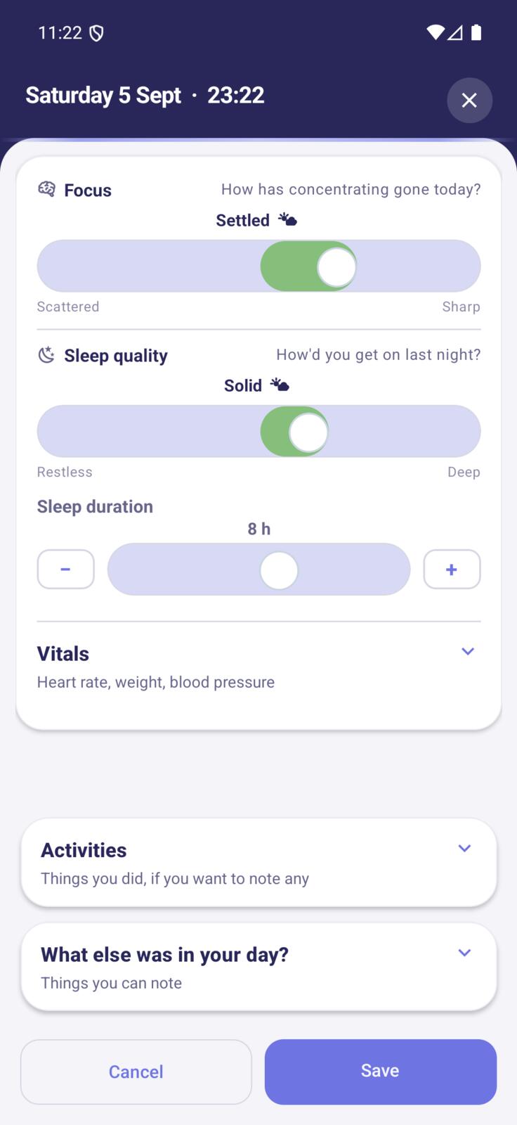 The daily check-in, with the focus and sleep quality dials