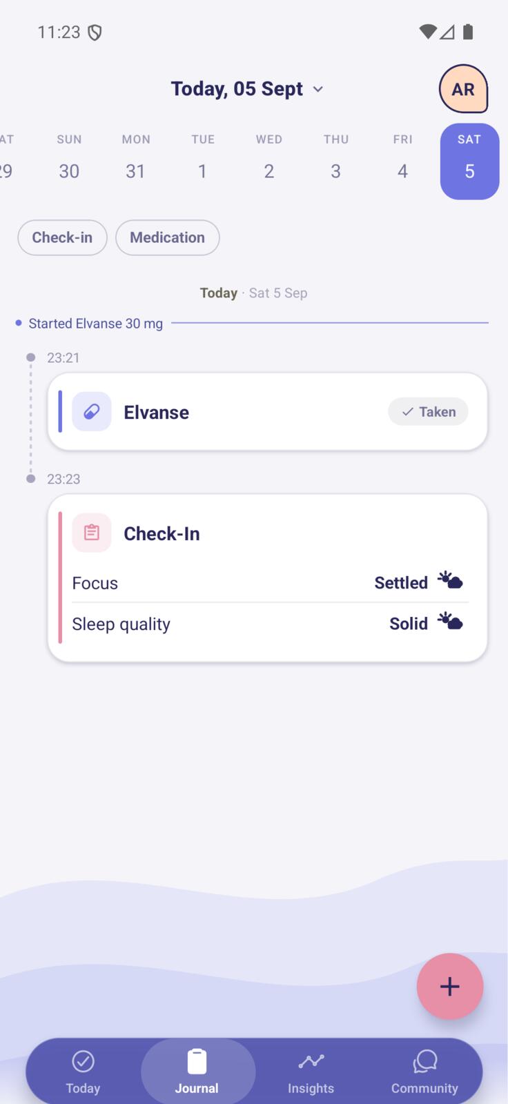 A day in the Journal, showing a recorded dose and a check-in