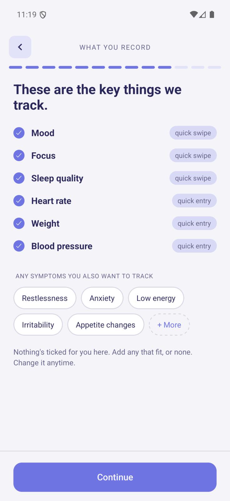 The What You Record screen, listing the things Acumi keeps and the symptoms you can add